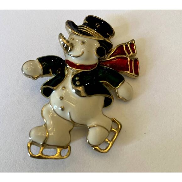 Vintage Christmas Enamel Snowman Skating Novelty Brooch/Pin - Picture 2 of 3